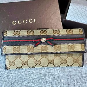 Authentic GUCCI long wallet GG canvas Sherry Line ribbon Round